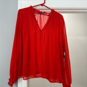 STATE Sheer Red Pleated V-Neck Blouse